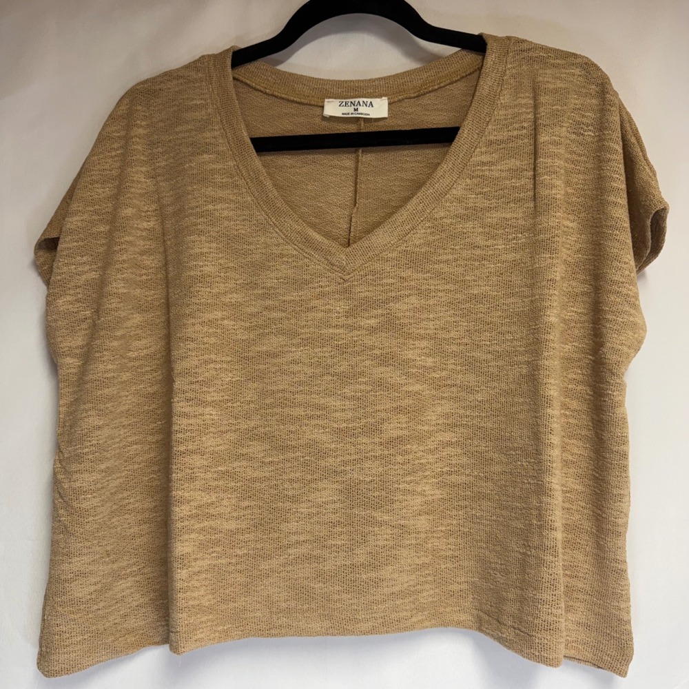 Zenana‎ Tan Marl V-Neck Lightweight Knit Boxy Short Sleeve Top Crop Medium NWOT